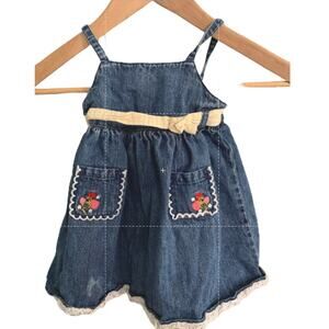 Gymboree Vintage Denim Jumper Dress Embroidered Floral Blue 12-18 Mos.